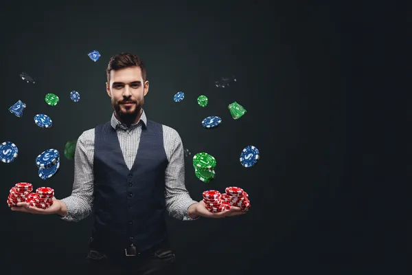 A young woman relaxing with her phone while dynamic casino elements float around her, illustrating the smooth mobile experience offered by the B86BET app.